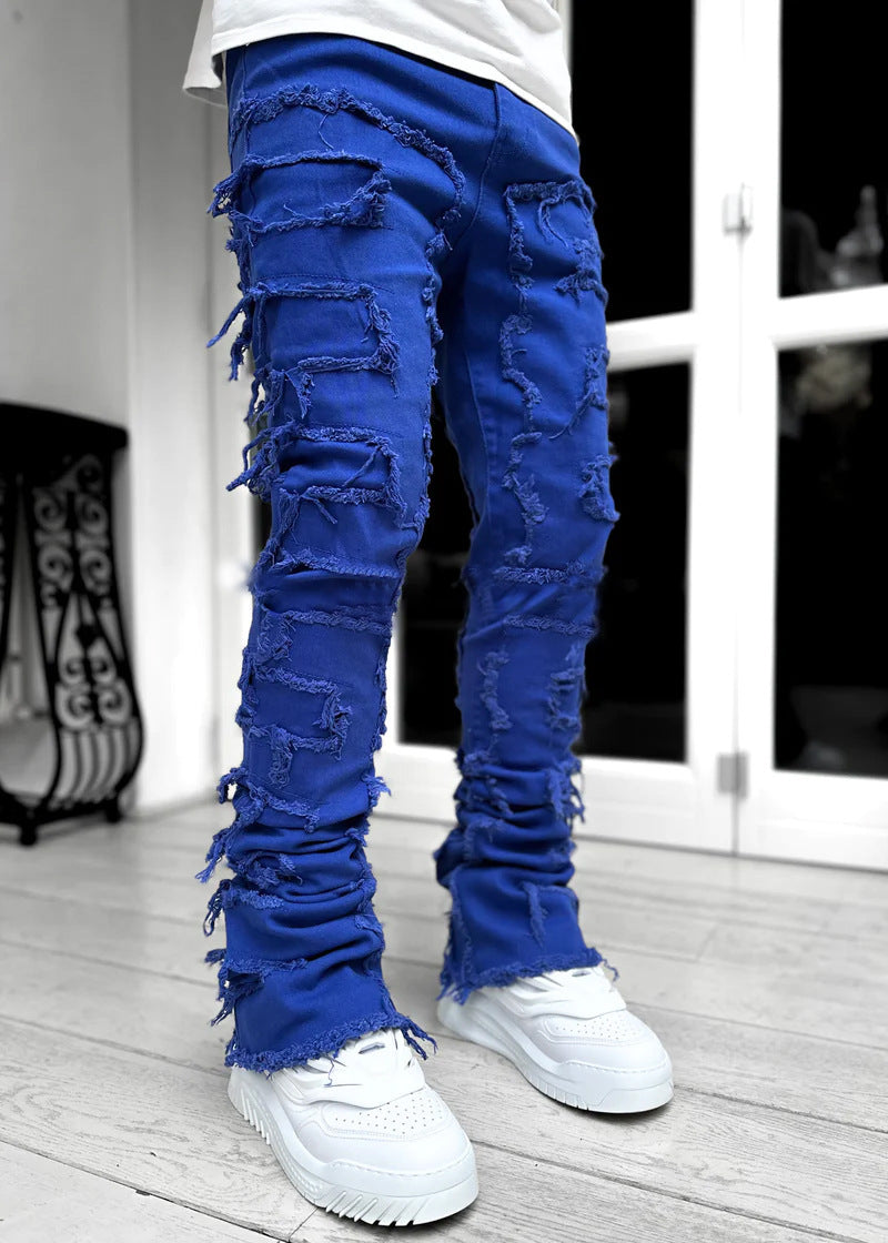 LuxioWear Men’s Stacked Jeans | Slim Fit Patched Cotton Trousers