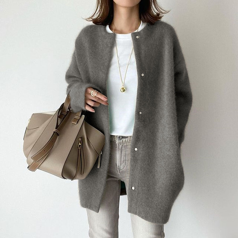 LuxioWear Womens Cardigan | Loose Round Neck Solid Color Jacket