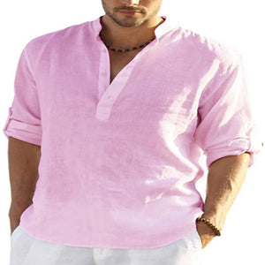 LuxioWear Mens Cotton Linen Shirt | Solid Color Long Sleeve Stand Collar