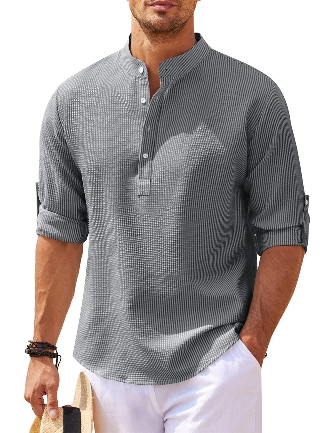 LuxioWear Mens Casual Shirt | Loose Fit Stand Collar Autumn Shirt