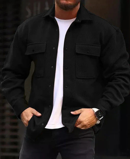 Men’s Casual Long Sleeve Polyester Top | Round Hem Fold Design Shirt