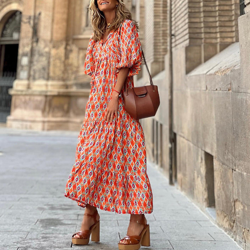 LuxioWear Bohemian Maxi Dress | Vintage Floral V-Neck Summer Outfit