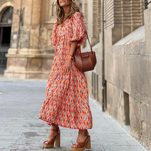 LuxioWear Bohemian Maxi Dress | Vintage Floral V-Neck Summer Outfit