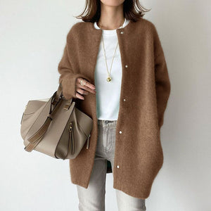 LuxioWear Womens Cardigan | Loose Round Neck Solid Color Jacket