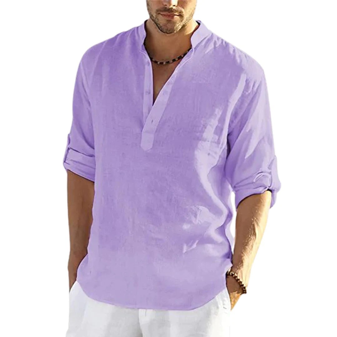 LuxioWear Mens Cotton Linen Shirt | Solid Color Long Sleeve Stand Collar