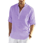 LuxioWear Mens Cotton Linen Shirt | Solid Color Long Sleeve Stand Collar