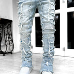 LuxioWear Men’s Stacked Jeans | Slim Fit Patched Cotton Trousers