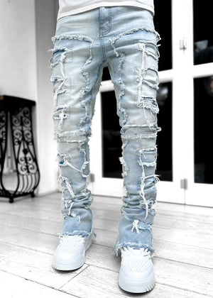 LuxioWear Men’s Stacked Jeans | Slim Fit Patched Cotton Trousers