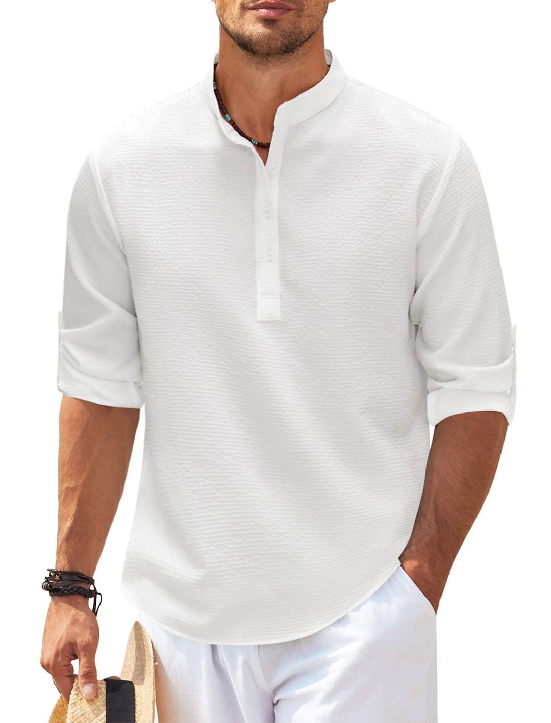 LuxioWear Mens Casual Shirt | Loose Fit Stand Collar Autumn Shirt