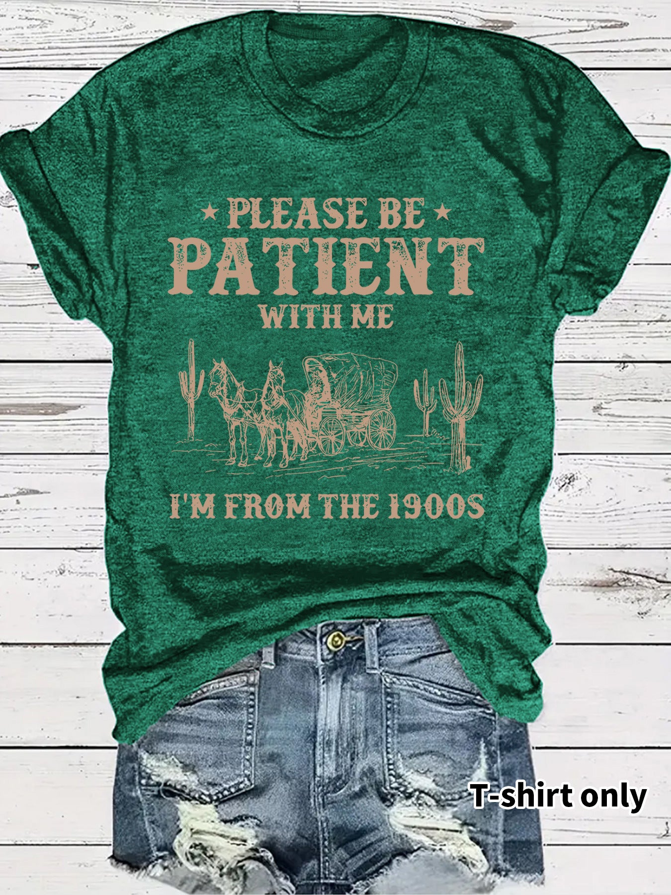 LuxioWear Western Denim Retro T-Shirt | Round Neck Short Sleeve Print Top