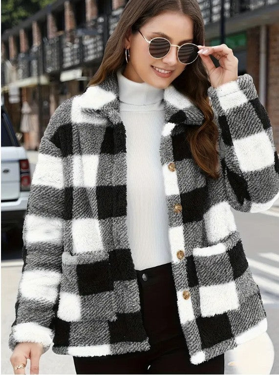 Luxiowear Women's Plaid Plush Jacket | Warm Winter Long Sleeve Casual Coat