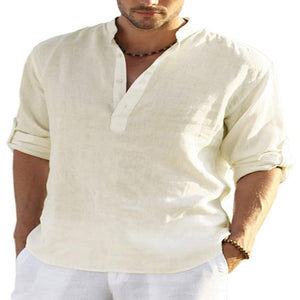LuxioWear Mens Cotton Linen Shirt | Solid Color Long Sleeve Stand Collar