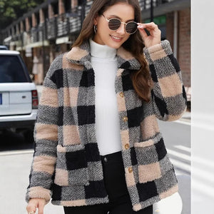 Luxiowear Women's Plaid Plush Jacket | Warm Winter Long Sleeve Casual Coat