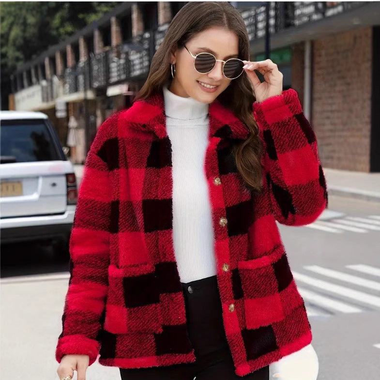 Luxiowear Women's Plaid Plush Jacket | Warm Winter Long Sleeve Casual Coat