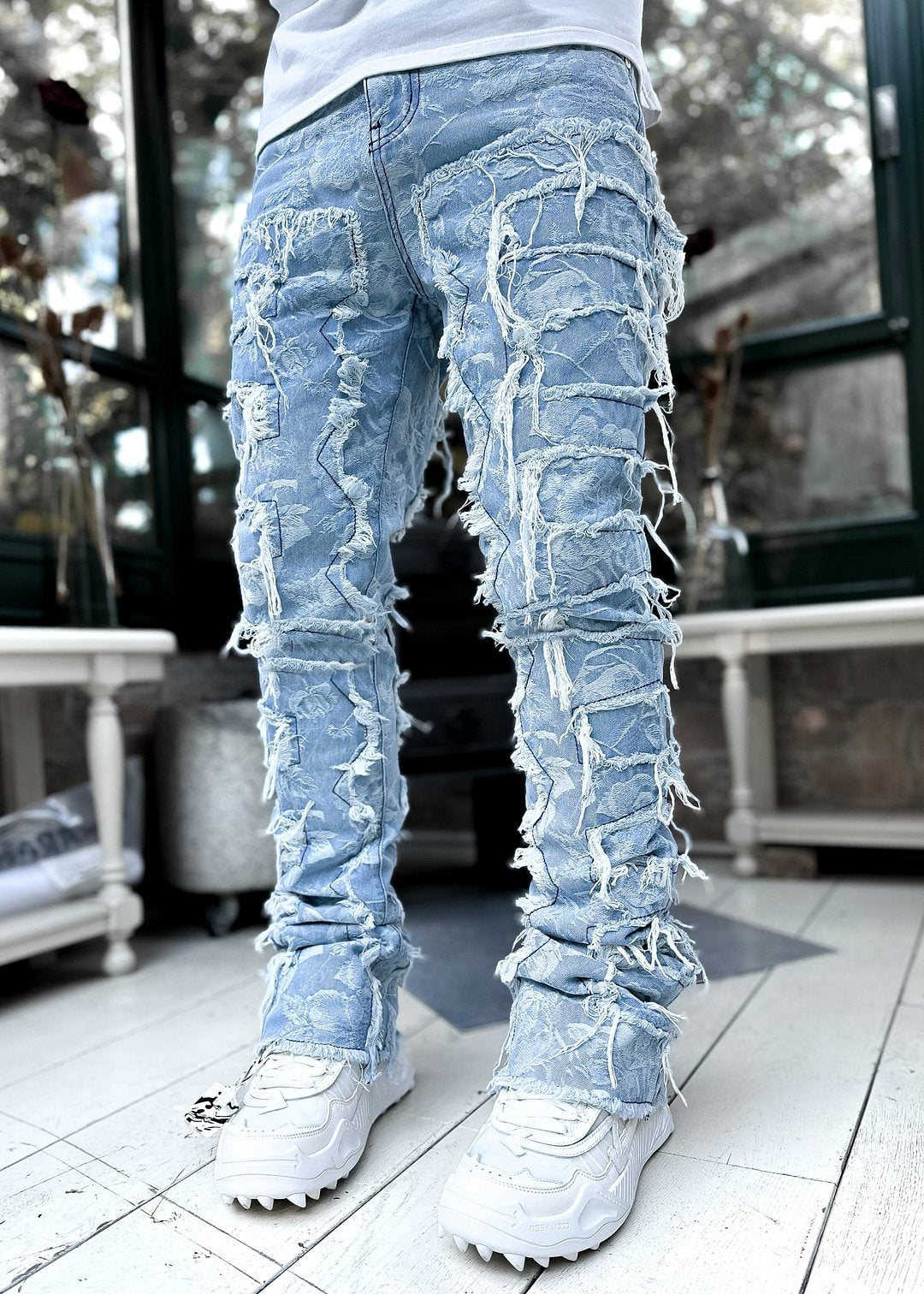 LuxioWear Men’s Stacked Jeans | Slim Fit Patched Cotton Trousers