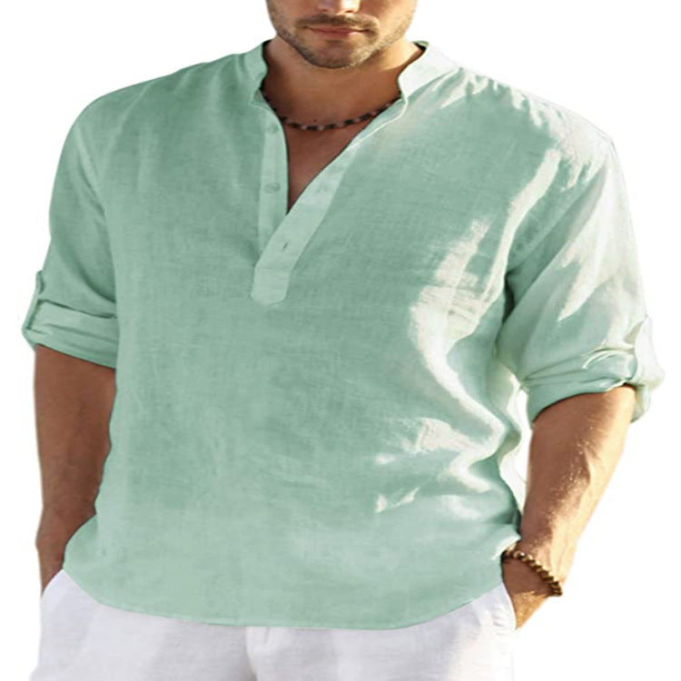 LuxioWear Mens Cotton Linen Shirt | Solid Color Long Sleeve Stand Collar