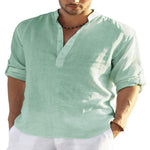 LuxioWear Mens Cotton Linen Shirt | Solid Color Long Sleeve Stand Collar