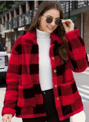 Luxiowear Women's Plaid Plush Jacket | Warm Winter Long Sleeve Casual Coat