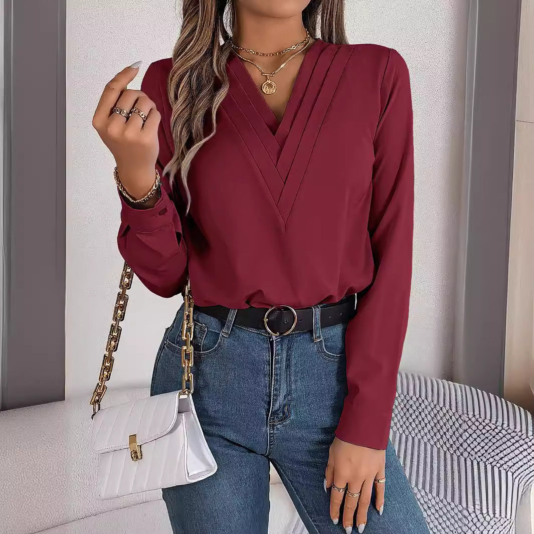 Luxiowear Layered V-Neck Long Sleeve Blouse | Elegant Women’s Solid Color Shirt