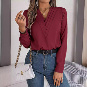 Luxiowear Layered V-Neck Long Sleeve Blouse | Elegant Women’s Solid Color Shirt