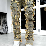 LuxioWear Men’s Stacked Jeans | Slim Fit Patched Cotton Trousers
