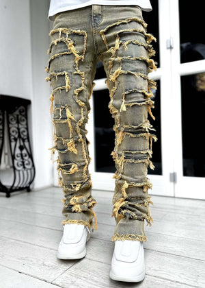 LuxioWear Men’s Stacked Jeans | Slim Fit Patched Cotton Trousers