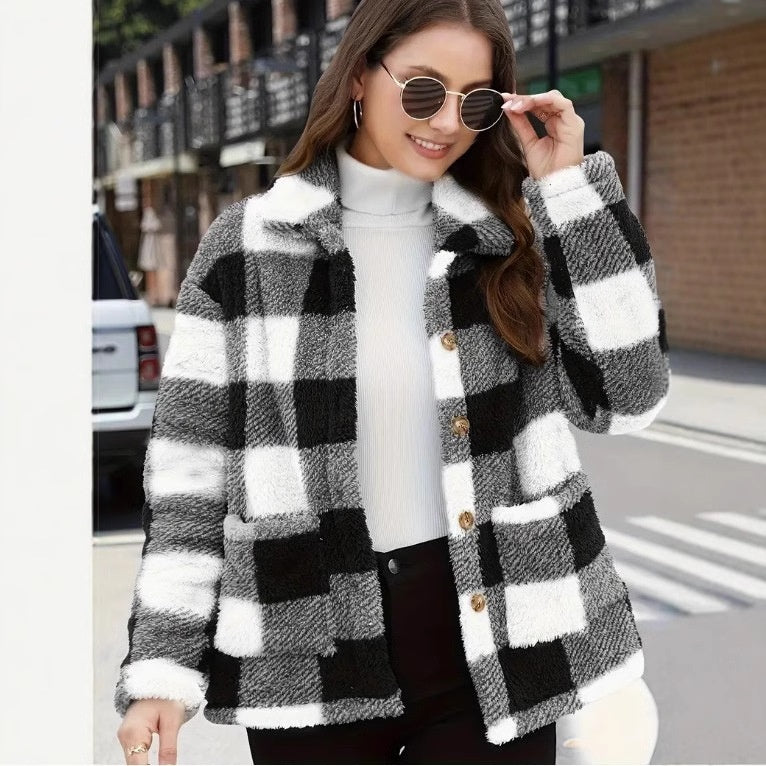 Luxiowear Women's Plaid Plush Jacket | Warm Winter Long Sleeve Casual Coat
