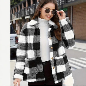 Luxiowear Women's Plaid Plush Jacket | Warm Winter Long Sleeve Casual Coat