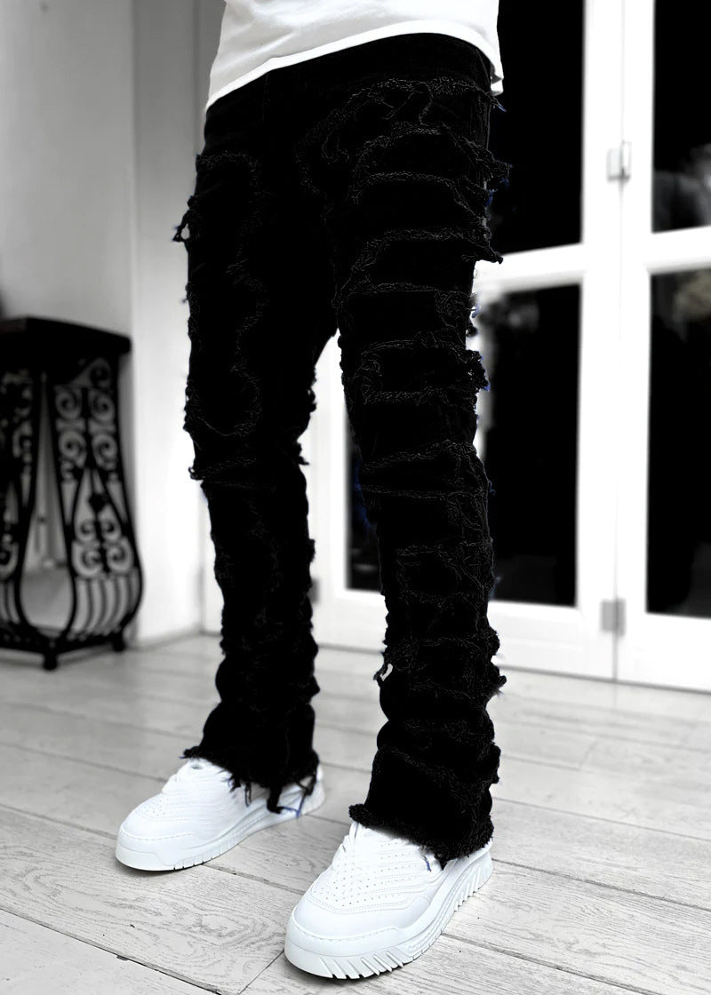 LuxioWear Men’s Stacked Jeans | Slim Fit Patched Cotton Trousers