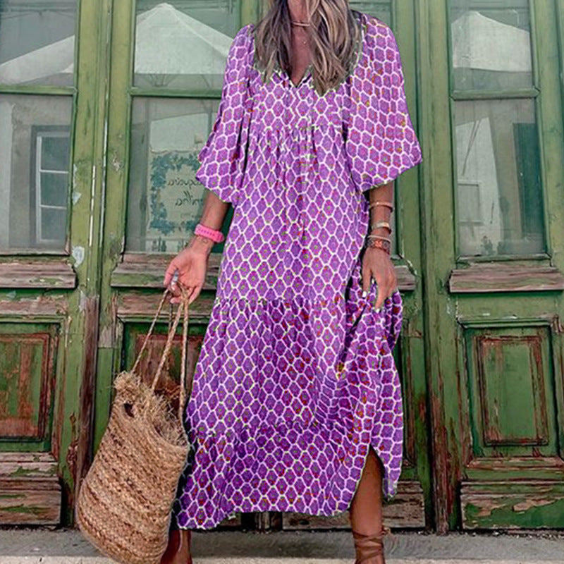 LuxioWear Bohemian Maxi Dress | Vintage Floral V-Neck Summer Outfit