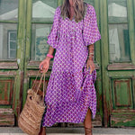 LuxioWear Bohemian Maxi Dress | Vintage Floral V-Neck Summer Outfit