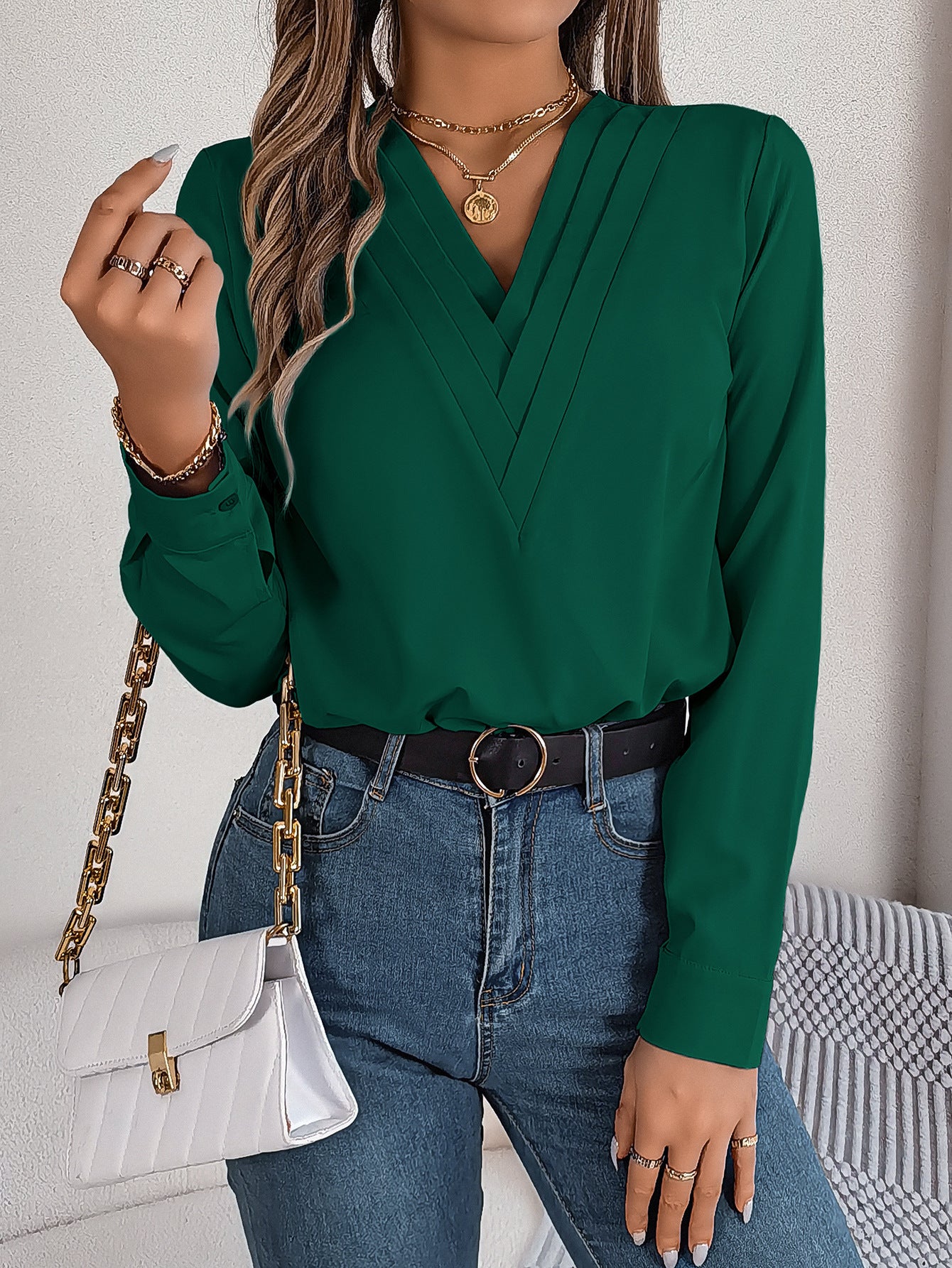 Luxiowear Layered V-Neck Long Sleeve Blouse | Elegant Women’s Solid Color Shirt