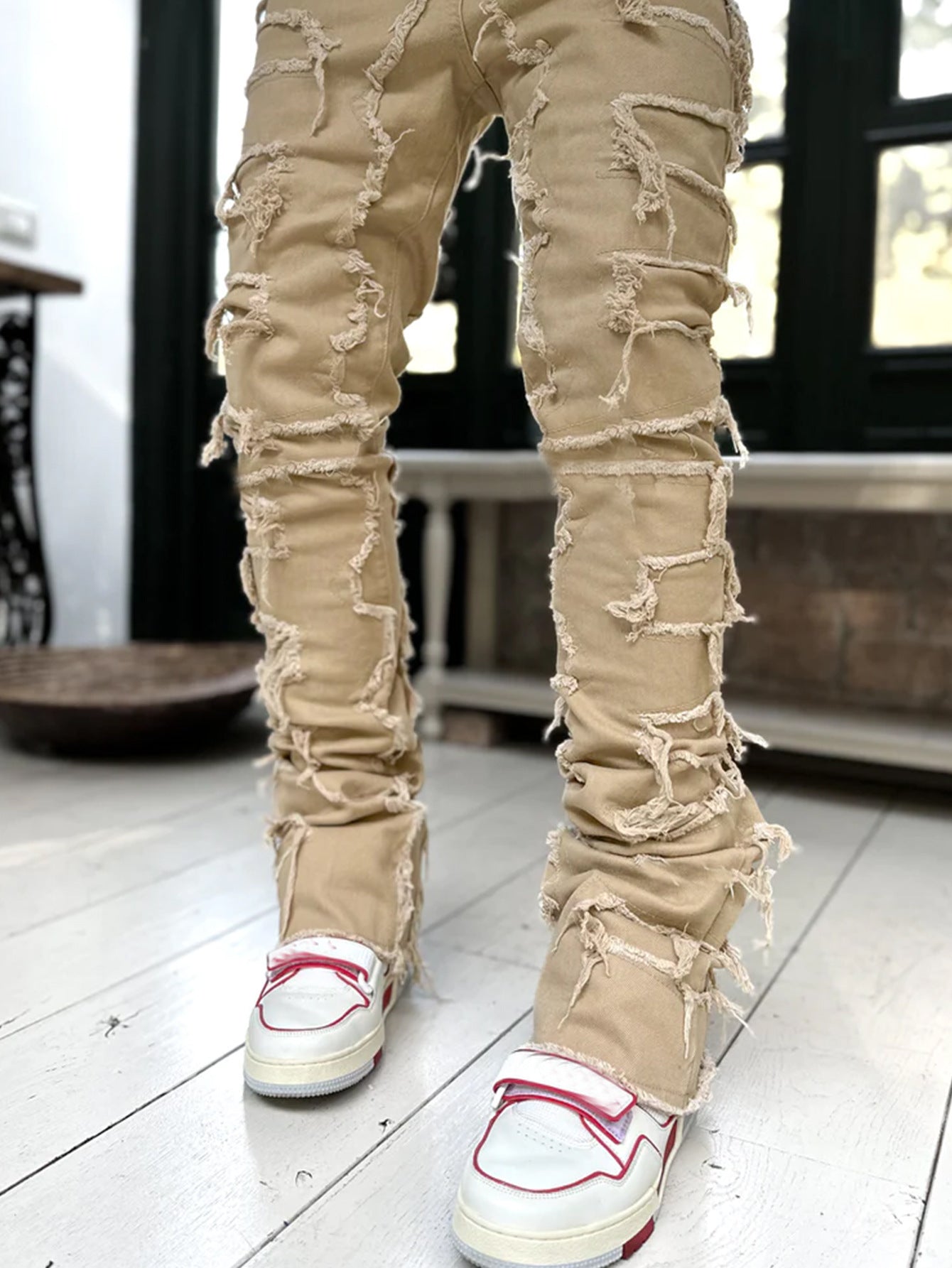 LuxioWear Men’s Stacked Jeans | Slim Fit Patched Cotton Trousers