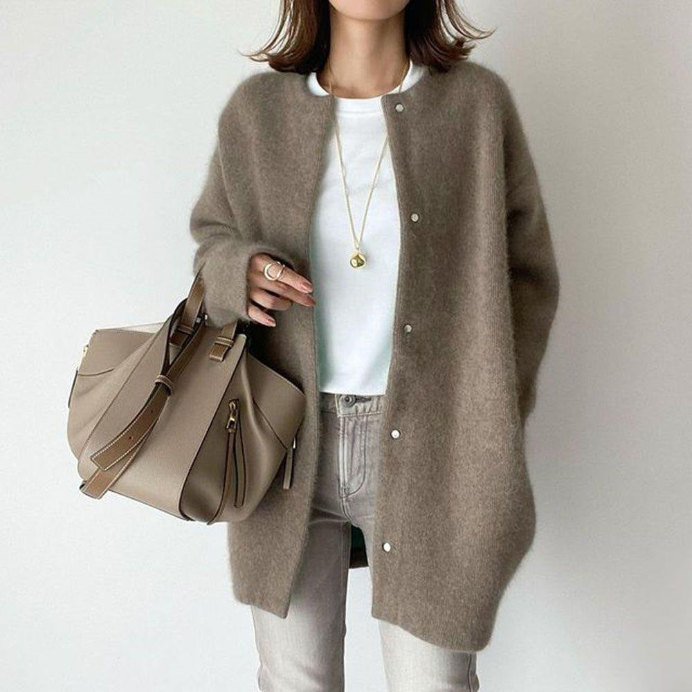 LuxioWear Womens Cardigan | Loose Round Neck Solid Color Jacket