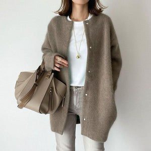LuxioWear Womens Cardigan | Loose Round Neck Solid Color Jacket