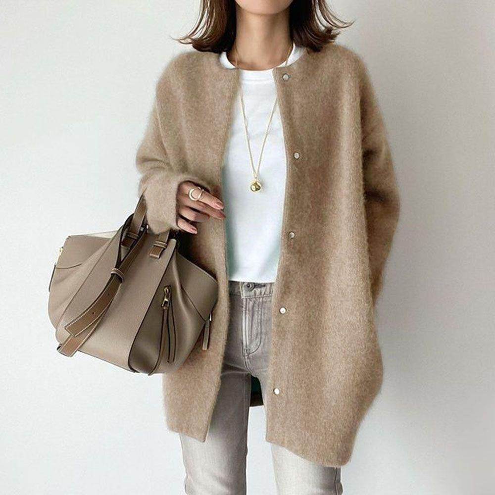 LuxioWear Womens Cardigan | Loose Round Neck Solid Color Jacket