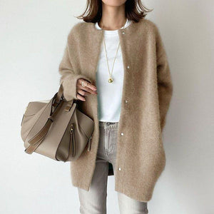 LuxioWear Womens Cardigan | Loose Round Neck Solid Color Jacket
