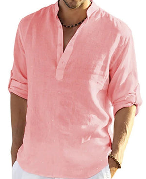LuxioWear Mens Cotton Linen Shirt | Solid Color Long Sleeve Stand Collar