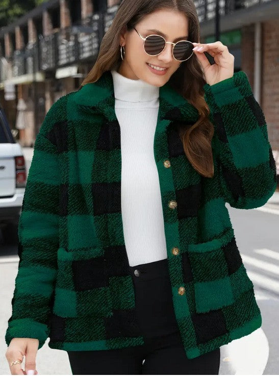 Luxiowear Women's Plaid Plush Jacket | Warm Winter Long Sleeve Casual Coat
