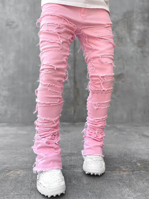 LuxioWear Men’s Stacked Jeans | Slim Fit Patched Cotton Trousers