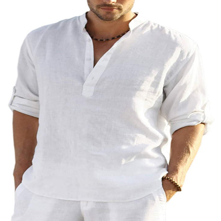 LuxioWear Mens Cotton Linen Shirt | Solid Color Long Sleeve Stand Collar