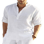 LuxioWear Mens Cotton Linen Shirt | Solid Color Long Sleeve Stand Collar
