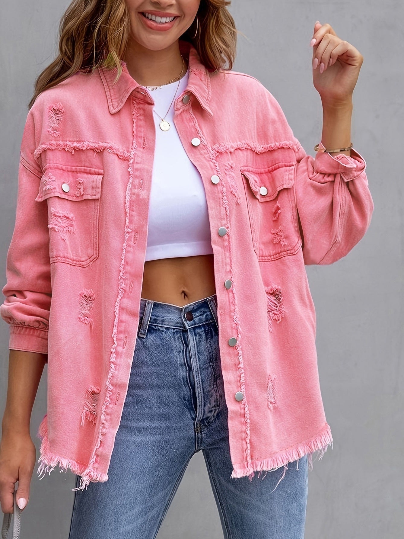 LuxioWear Ripped Shirt Jacket for Women | Casual Autumn Spring Top