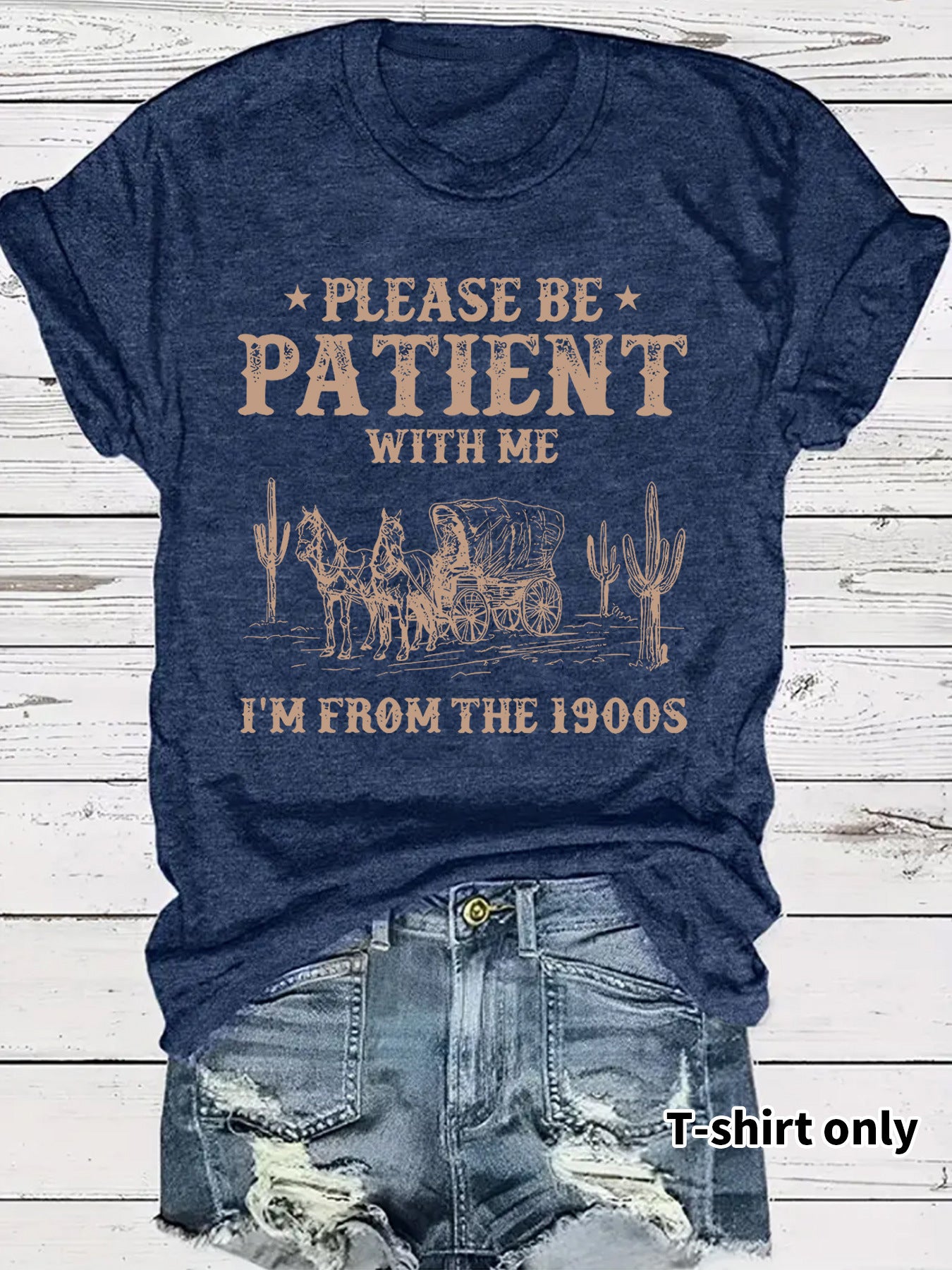 LuxioWear Western Denim Retro T-Shirt | Round Neck Short Sleeve Print Top
