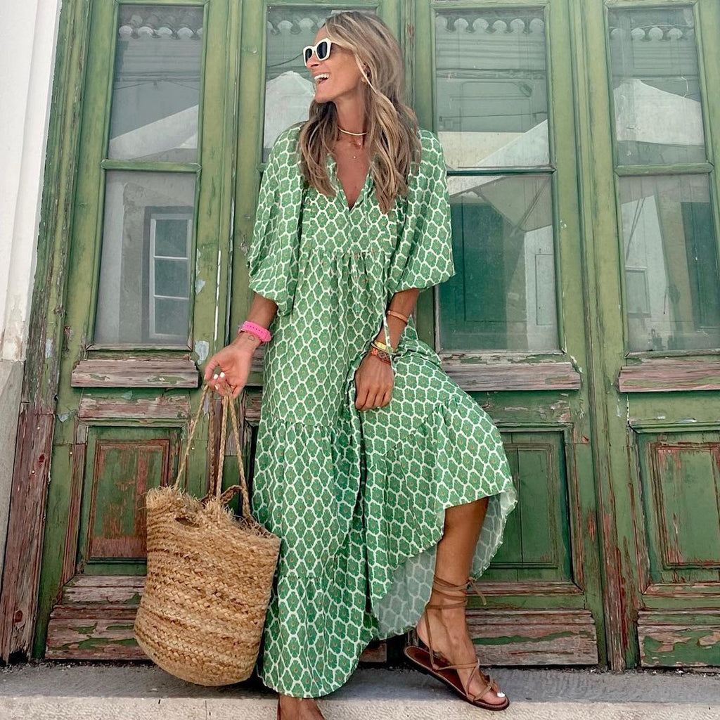 LuxioWear Bohemian Maxi Dress | Vintage Floral V-Neck Summer Outfit