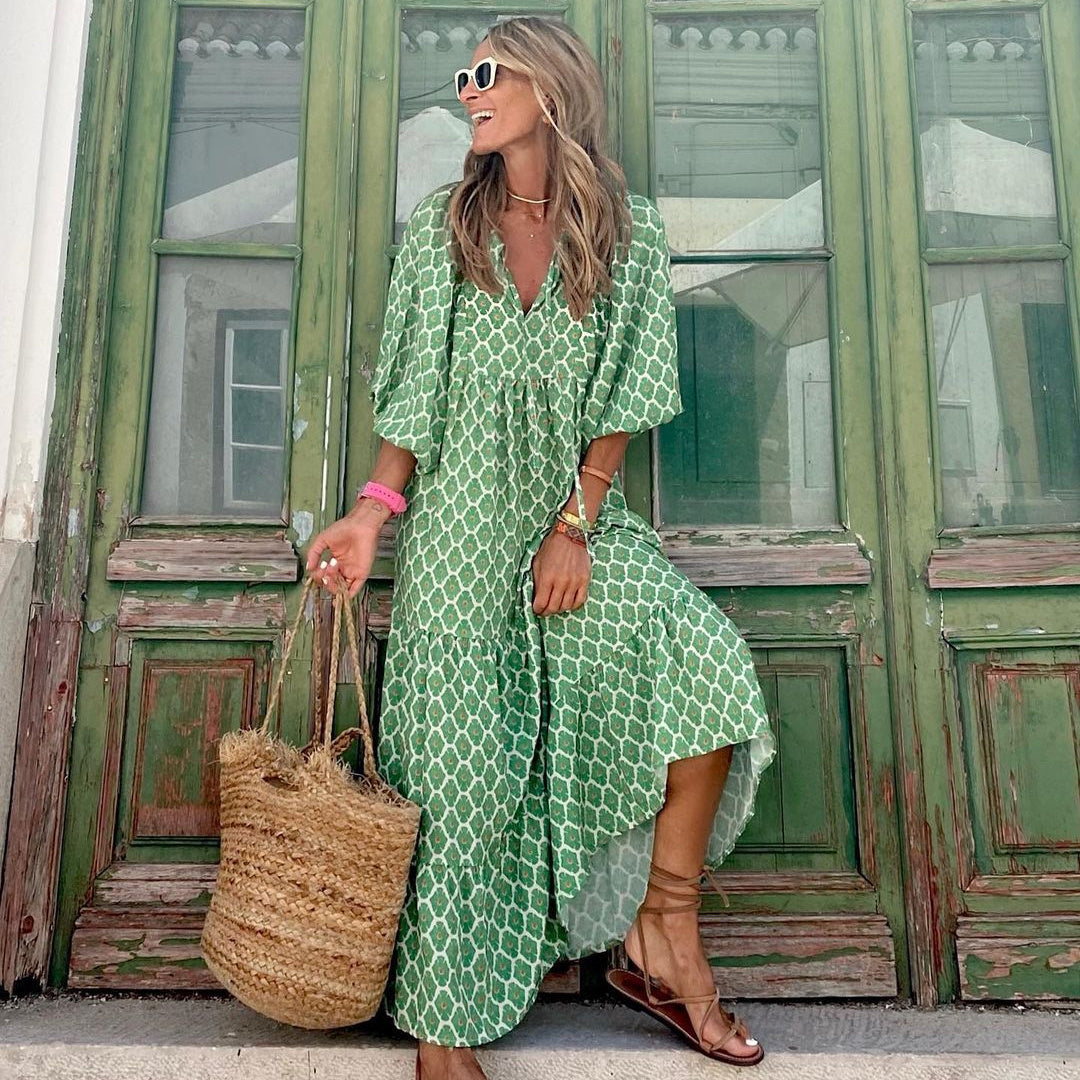 LuxioWear Bohemian Maxi Dress | Vintage Floral V-Neck Summer Outfit