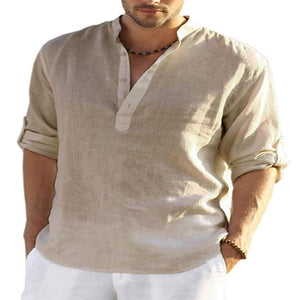 LuxioWear Mens Cotton Linen Shirt | Solid Color Long Sleeve Stand Collar