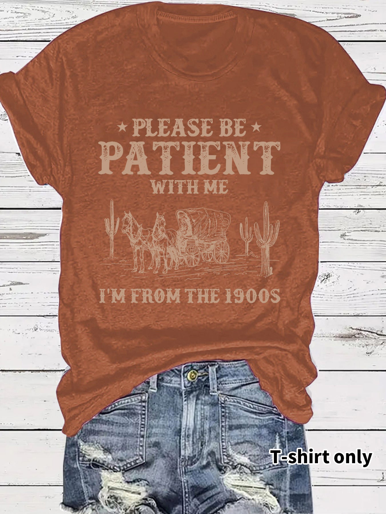 LuxioWear Western Denim Retro T-Shirt | Round Neck Short Sleeve Print Top