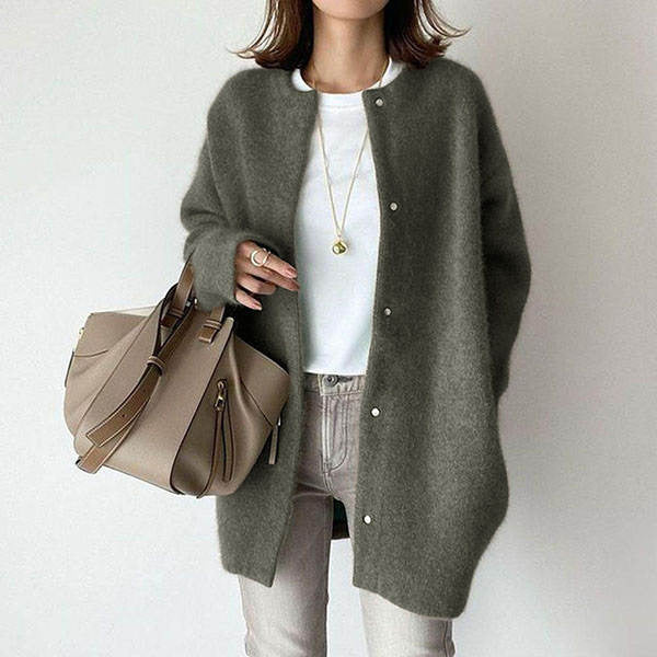 LuxioWear Womens Cardigan | Loose Round Neck Solid Color Jacket