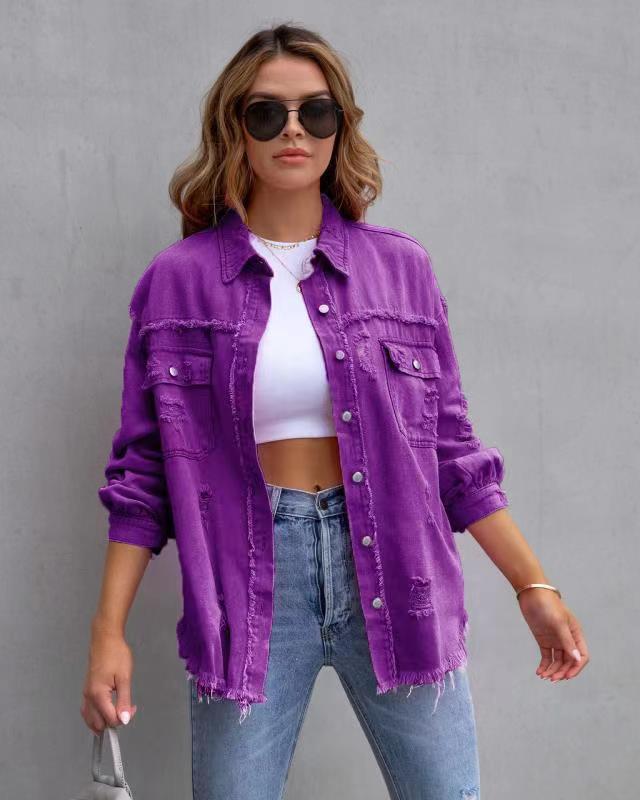 LuxioWear Ripped Shirt Jacket for Women | Casual Autumn Spring Top